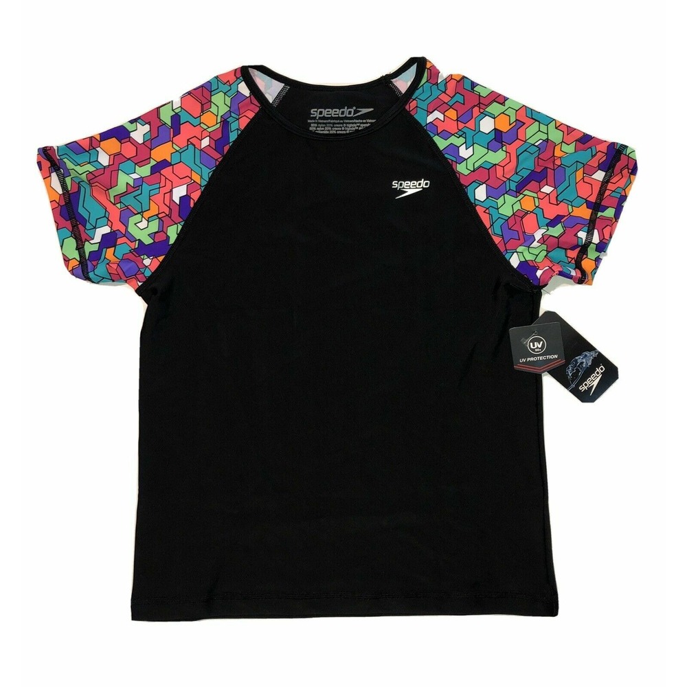 Speedo‎ Printed Short Sleeve Rash Guard Black Puzzle Piece child Small